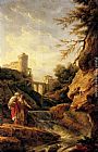 Claude-joseph Vernet Wall Art - Two female peasants by a waterfall, a town and aqueduct beyond